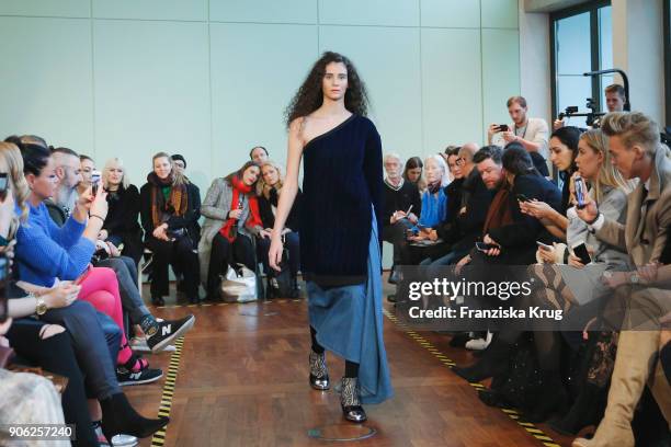 Betty Taube walks the runway during the Rebekka Ruetz Fashion Show at Embassy of Austria on January 16, 2018 in Berlin, Germany.