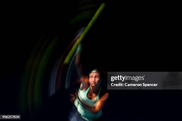 Anastasija Sevastova of Latvia serves in her second round match against Maria Sharapova of Russia on day four of the 2018 Australian Open at...