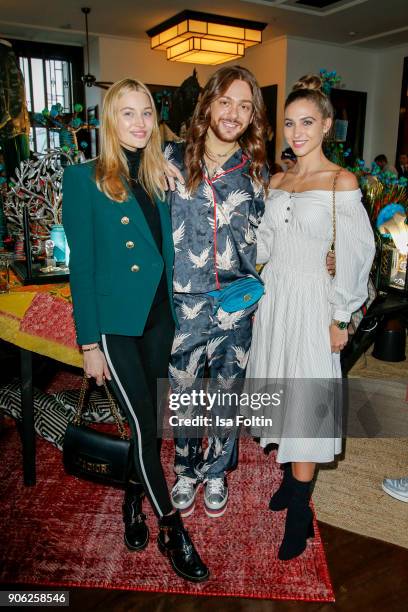 Model Mandy Bork, influencer Riccardo Simonetti and model Ann-Kathrin Broemmel attend the Thomas Sabo Press Cocktail during the Mercedes-Benz Fashion...