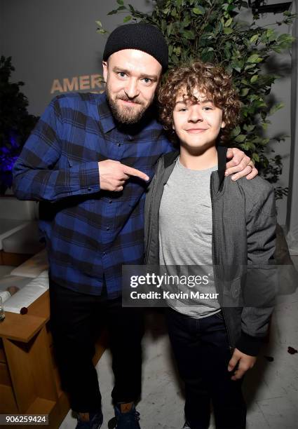 Justin Timberlake and Gaten Matarazzo attend American Express x Justin Timberlake "Man Of The Woods" listening session at Skylight Clarkson Sq on...