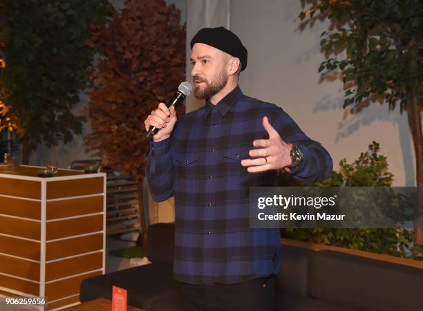 Justin Timberlake speaks at American Express x Justin Timberlake "Man Of The Woods" listening session at Skylight Clarkson Sq on January 16, 2018 in...