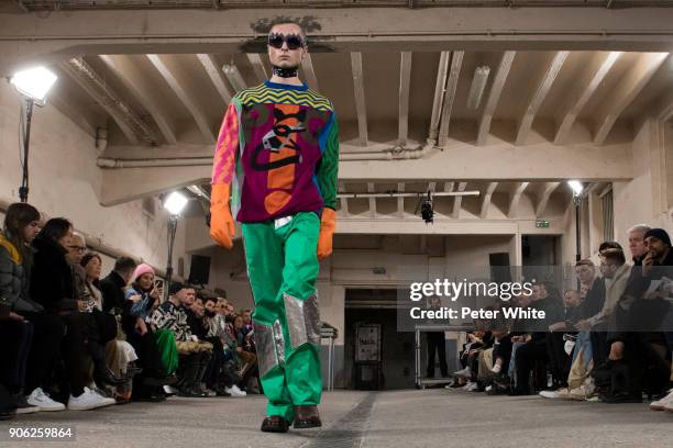 Model walks the runway during the Walter Van Beirendonck Menswear Fall/Winter 2018-2019 show as part of Paris Fashion Week on January 17, 2018 in...