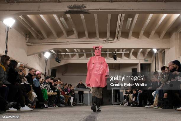 Model walks the runway during the Walter Van Beirendonck Menswear Fall/Winter 2018-2019 show as part of Paris Fashion Week on January 17, 2018 in...