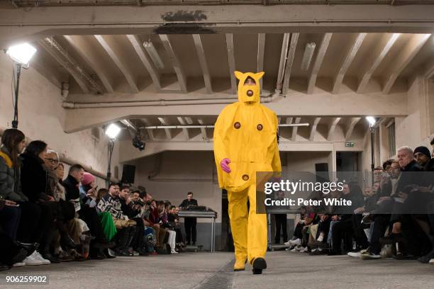 Model walks the runway during the Walter Van Beirendonck Menswear Fall/Winter 2018-2019 show as part of Paris Fashion Week on January 17, 2018 in...