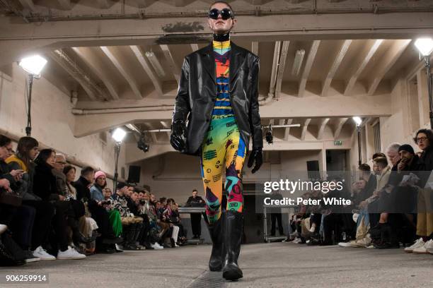 Model walks the runway during the Walter Van Beirendonck Menswear Fall/Winter 2018-2019 show as part of Paris Fashion Week on January 17, 2018 in...