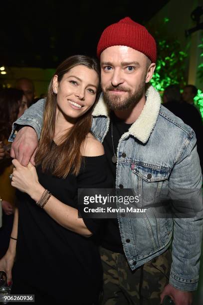 Jessica Biel and Justin Timberlake attend American Express x Justin Timberlake "Man Of The Woods" listening session at Skylight Clarkson Sq on...
