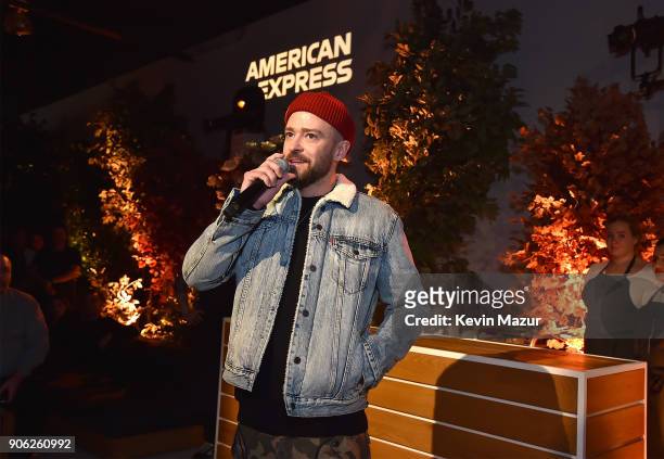 Justin Timberlake speaks during American Express x Justin Timberlake "Man Of The Woods" listening session at Skylight Clarkson Sq on January 17, 2018...