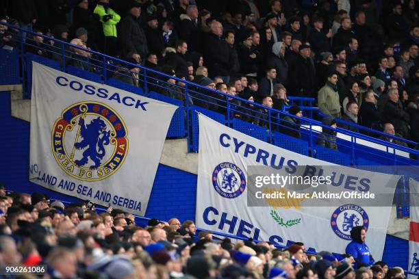 Chelsea fans display giant banners during the Emirates FA Cup Third Round Replay match between Chelsea and Norwich City at Stamford Bridge on January...