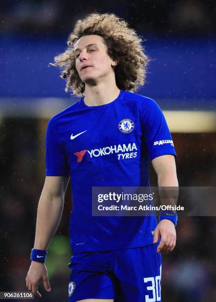 David Luiz of Chelsea during the Emirates FA Cup Third Round Replay match between Chelsea and Norwich City at Stamford Bridge on January 17, 2018 in...