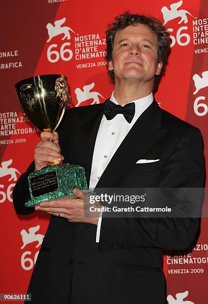 Actor Colin Firth holds his Best Actor award while attending the Closing Ceremony photocall at the Palazzo del Casino during the 66th Venice Film...