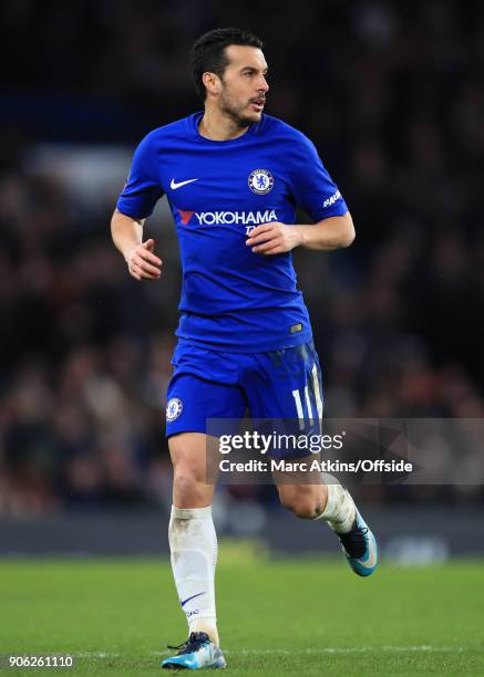 Pedro of Chelsea during the Emirates FA Cup Third Round Replay match between Chelsea and Norwich City at Stamford Bridge on January 17, 2018 in...