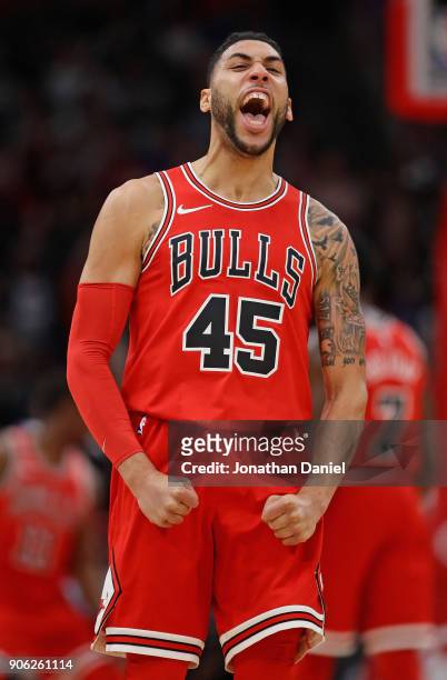 Denzel Valentine of the Chicago Bulls screams after hiting a three point shot against the Golden State Warriors at the United Center on January 17,...