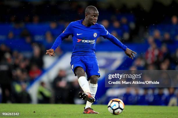 Golo Kante of Chelsea during the Emirates FA Cup Third Round Replay match between Chelsea and Norwich City at Stamford Bridge on January 17, 2018 in...