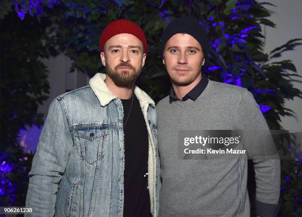 Justin Timberlake and Garrett Hedlund attend American Express x Justin Timberlake "Man Of The Woods" listening session at Skylight Clarkson Sq on...