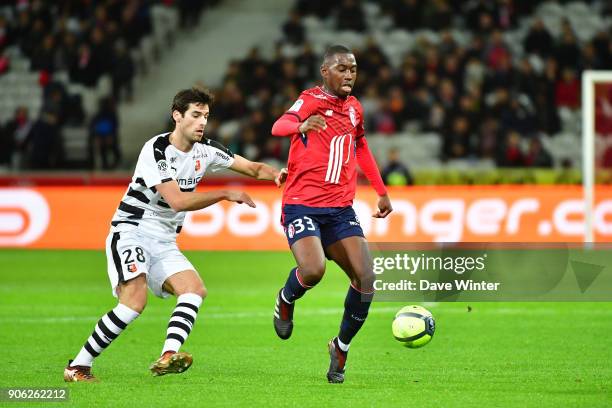 Boubakary Soumare of Lille and Yoann Gourcuff of Rennes during the Ligue 1 match between Lille OSC and Stade Rennais at Stade Pierre Mauroy on...