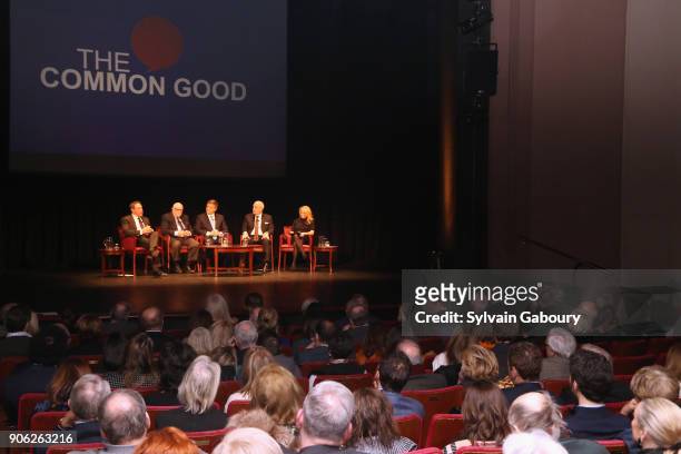 David Frum, Ed Rollins, Douglas Brinkley, Roger Cohen and Dana Perino attend "Trump - Year One" Presidential Panel on January 17, 2018 in New York...