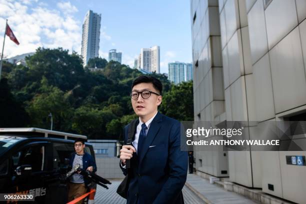 Pro-independence protestor Edward Leung arrives at the High Court before facing rioting charges in Hong Kong on January 18 for his part in the...