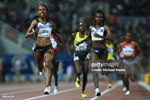 Meseret Defar of Ethiopia on her way to victoryfrom Tirunesh Dibaba of Ethiopia in the women's 5000m during day one of the IAAF World Athletics Final...