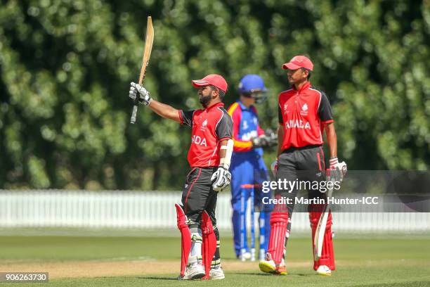 Arslan Khan of Canada celebrates after reaching his half century during the ICC U19 Cricket World Cup match between Namibia and Canada at Bert...
