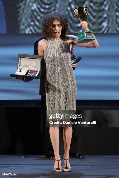 Actress Kseniya Rappoport holds her award for best actress while attending the Closing Ceremony at the Sala Grande during the 66th Venice Film...