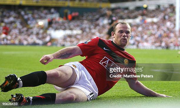 Wayne Rooney of Manchester United celebrates scoring their third goal during the FA Barclays Premier League match between Tottenham Hotspur and...