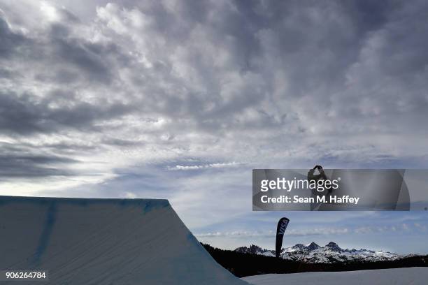 Lukas Caye competes in the qualifying round of Men's Snowboard Slopestyle during the Toyota U.S. Grand Prix on on January 17, 2018 in Mammoth,...