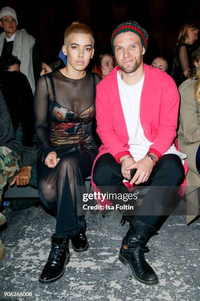 Alina Sueggeler and Andi Weizel alias Frida Gold during the Fashion HAB show presented by Mercedes-Benz at Halle am Berghain on January 17, 2018 in...