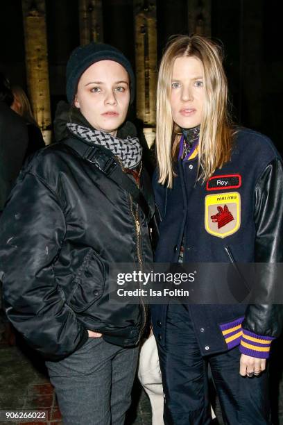 Jasna Fritzi Bauer and Aino Laberenz during the Fashion HAB show presented by Mercedes-Benz at Halle am Berghain on January 17, 2018 in Berlin,...