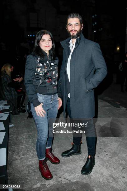 German actress Jasmin Tabatabai and German actor Nik Xhelilaj during the Fashion HAB show presented by Mercedes-Benz at Halle am Berghain on January...