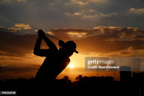 Tommy Fleetwood of England warms up on the range prior to round one of the Abu Dhabi HSBC Golf Championship at Abu Dhabi Golf Club on January 18,...