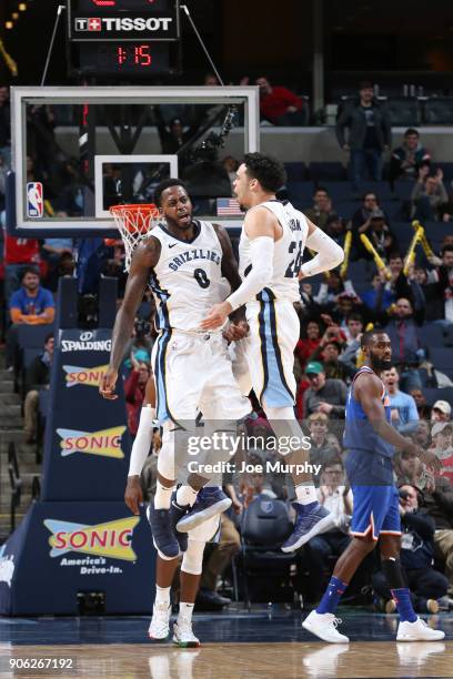 JaMychal Green and Dillon Brooks of the Memphis Grizzlies celebrate a win against the New York Knicks on January 17, 2018 at FedExForum in Memphis,...