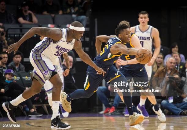 The Sacramento Kings' Zach Randolph loses the ball to Utah Jazz guard Donovan Mitchell in the first quarter at the Golden 1 Center in Sacramento,...