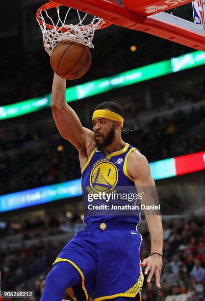 JaVale McGee of the Golden State Warriors dunks against the Chicago Bulls at the United Center on January 17, 2018 in Chicago, Illinois. The Warriors...