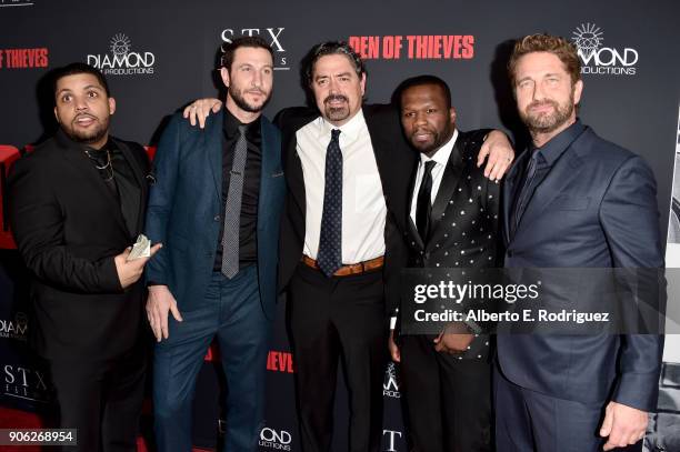 Shea Jackson Jr., Pablo Schreiber, Christian Gudegast, 50 Cent and Gerard Butler attend the premiere of STX Films' "Den of Thieves" at Regal LA Live...