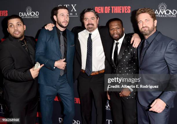 Shea Jackson Jr., Pablo Schreiber, Christian Gudegast, 50 Cent and Gerard Butler attend the premiere of STX Films' "Den of Thieves" at Regal LA Live...