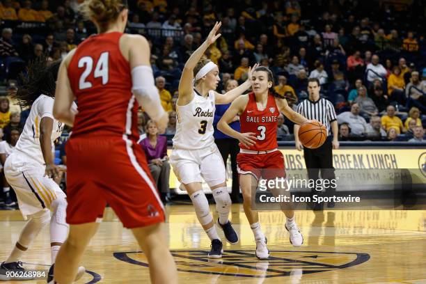 Ball State Cardinals guard Carmen Grande drives to the basket against Toledo Rockets guard Mariella Santucci during the first half of a regular...