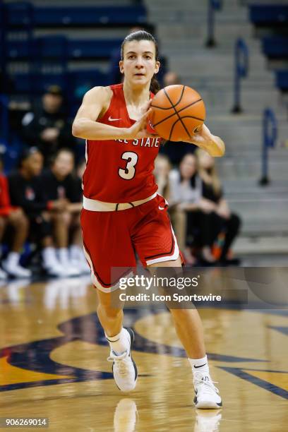 Ball State Cardinals guard Carmen Grande passes the ball during the first half of a regular season Mid-American Conference game between the Ball...