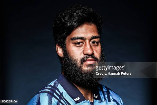Akira Ioane poses during the Blues Super Rugby headshots session at Blues HQ on January 17, 2018 in Auckland, New Zealand.
