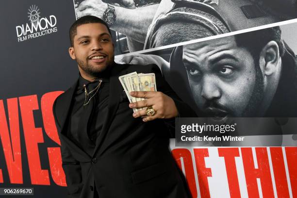 Shea Jackson Jr. Attends the premiere of STX Films' "Den of Thieves" at Regal LA Live Stadium 14 on January 17, 2018 in Los Angeles, California.
