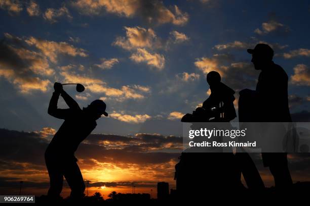 Tommy Fleetwood of England warms up on the range prior to round one of the Abu Dhabi HSBC Golf Championship at Abu Dhabi Golf Club on January 18,...