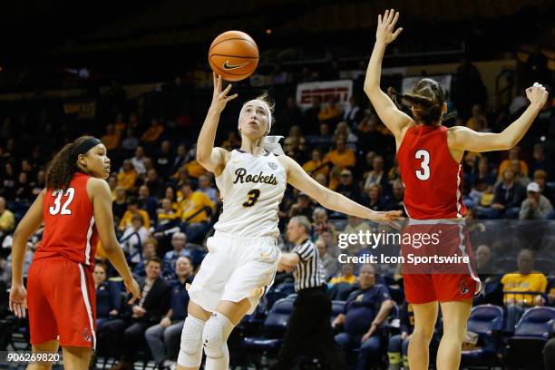 Toledo Rockets guard Mariella Santucci goes in for a layup against Ball State Cardinals guard Carmen Grande during the second half of a regular...