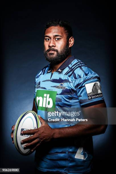 Patrick Tuipulotu poses during the Blues Super Rugby headshots session at Blues HQ on January 17, 2018 in Auckland, New Zealand.
