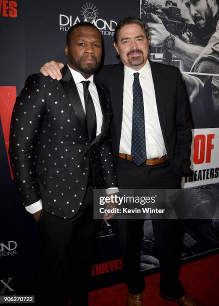 Cent and Christian Gudegast attend the premiere of STX Films' "Den of Thieves" at Regal LA Live Stadium 14 on January 17, 2018 in Los Angeles,...