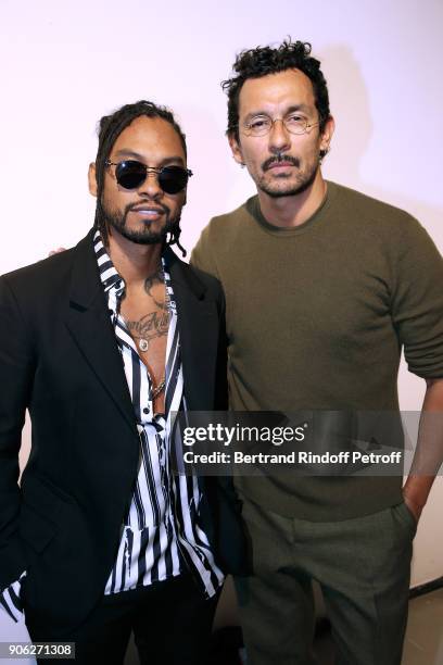 Singer Miguel aka Miguel Jontel Pimentel and Stylist Haider Ackermann pose after the Haider Ackermann Menswear Fall/Winter 2018-2019 show as part of...