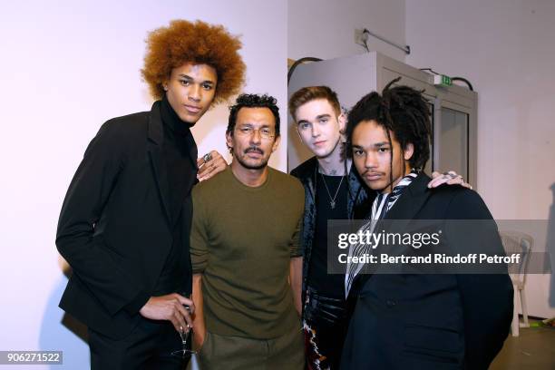 Michael Lockley, Stylist Haider Ackermann, Gabriel-Kane Day-Lewis and Luka Sabbat pose after the Haider Ackermann Menswear Fall/Winter 2018-2019 show...