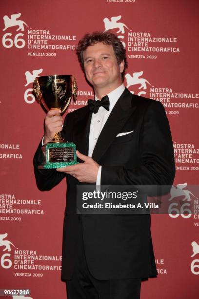 Actor Colin Firth holds his Best Actor award during the Closing Ceremony Photocall at the Sala Grande during the 66th Venice Film Festival on...