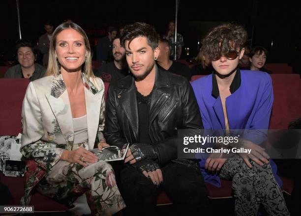 Heidi Klum, Adam Lambert and Austin Kolbe attend the Wolk Morais Collection 6 Fashion Show at The Hollywood Roosevelt Hotel on January 17, 2018 in...