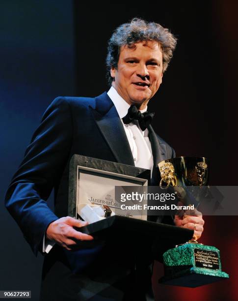 Actor Colin Firth holds his Best Actor award while attending the Closing Ceremony at the Sala Grande during the 66th Venice Film Festival on...