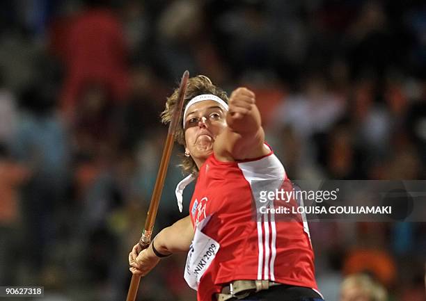Steffi Nerius of Germany competes in javelin throwing during the World athletics final in the northern Greek town of Thessaloniki on September 12,...