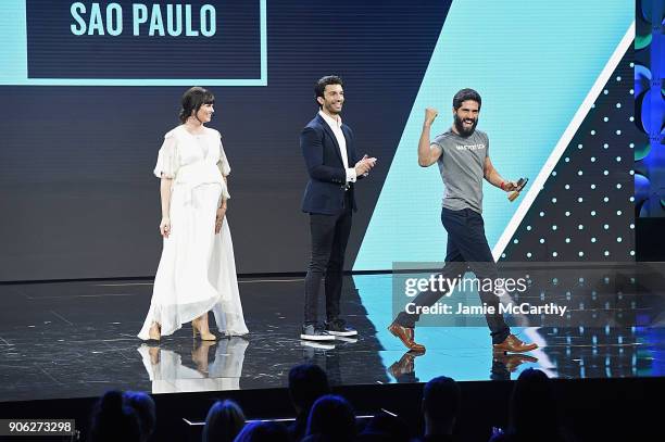 Adi Neumann, Justin Baldoni and Felipe Barreiros appear on stage as WeWork presents Creator Awards Global Finals at the Theater At Madison Square...